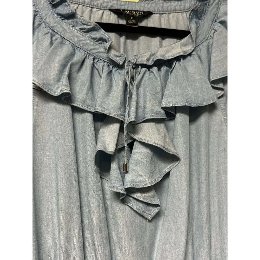 NWOT - Lauren Ralph Lauren Chambray Ruffle Keyhole Tie Front Midi Dress, Sz 2